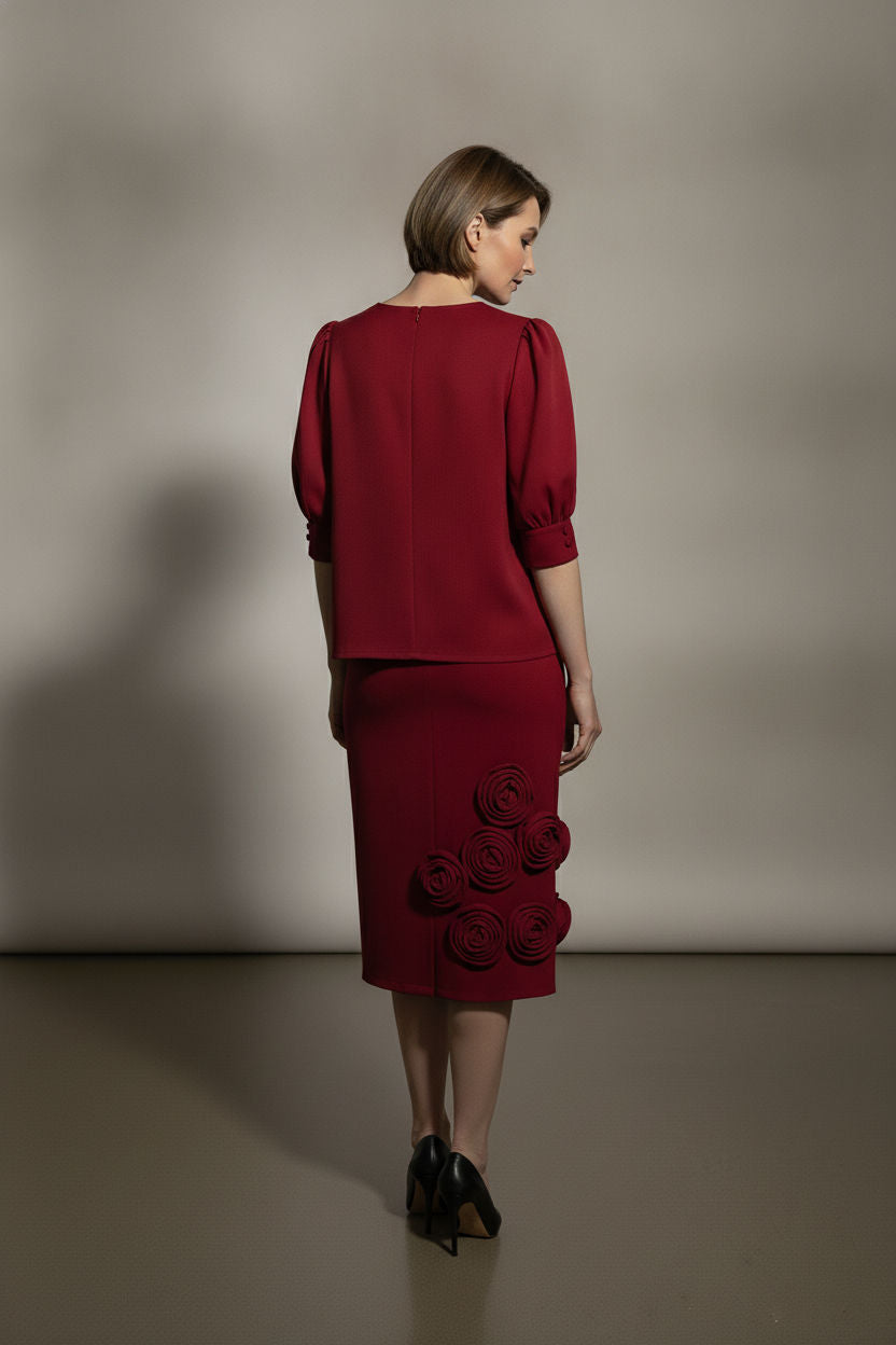 Ava Red Rose Skirt with Front Slit