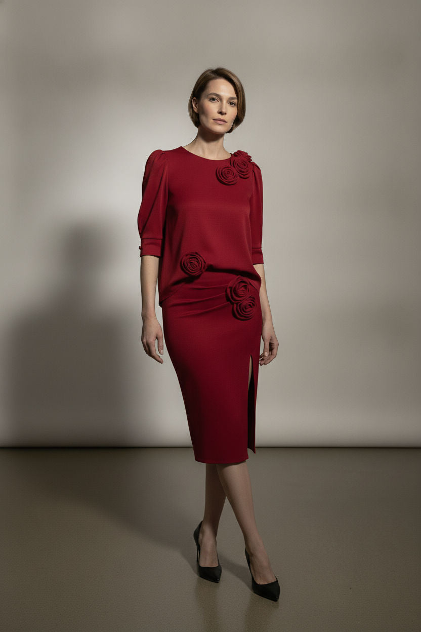 Ava Red Rose Skirt with Front Slit