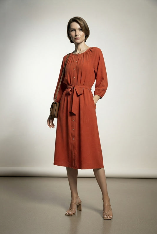 Anne Belted Shirt Dress - Rust