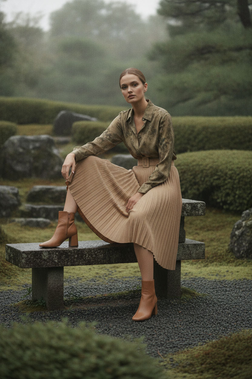 Bella Beige Belted Pleated Skirt