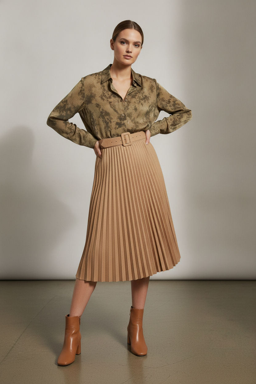 Bella Beige Belted Pleated Skirt