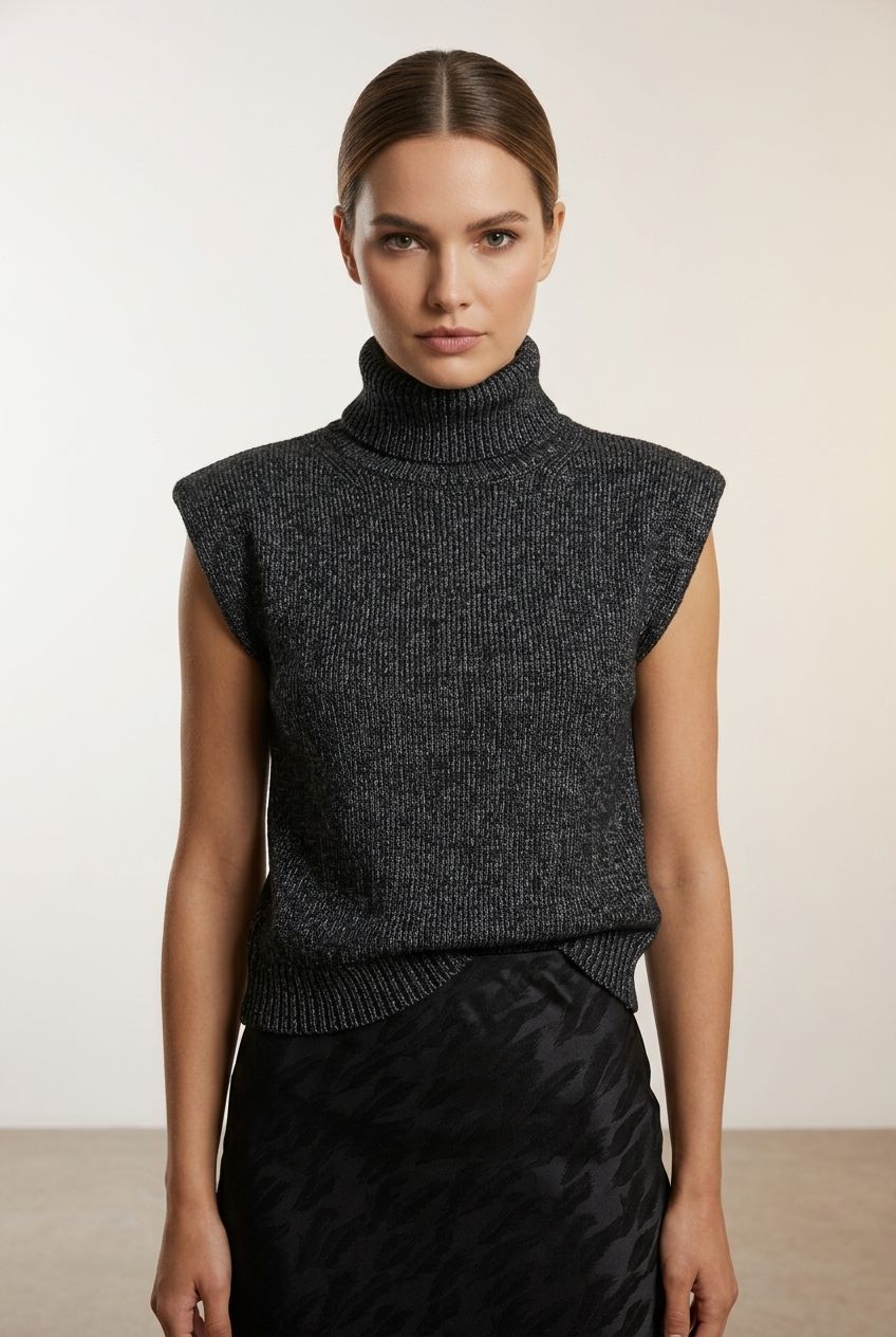 Cassy Sweater Vest With High Neck  - Black