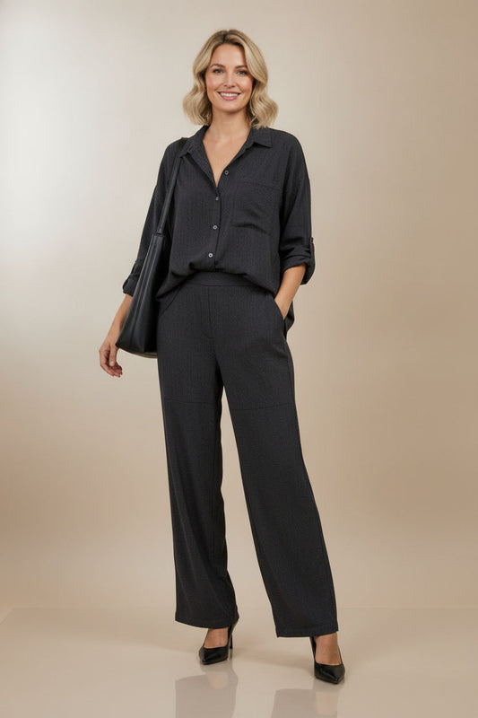 Tanya Stiped Wide Crop Leg Trousers - Black