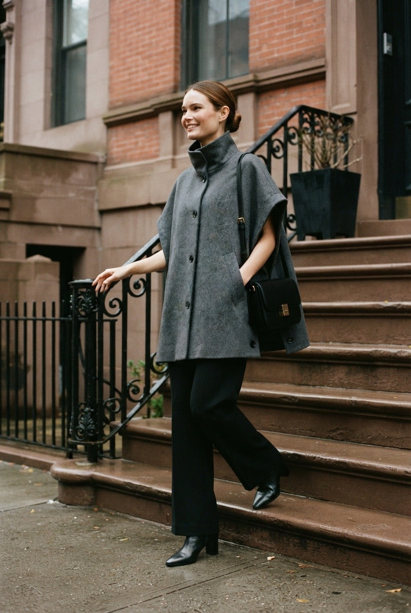 Ciara Button Poncho - Grey