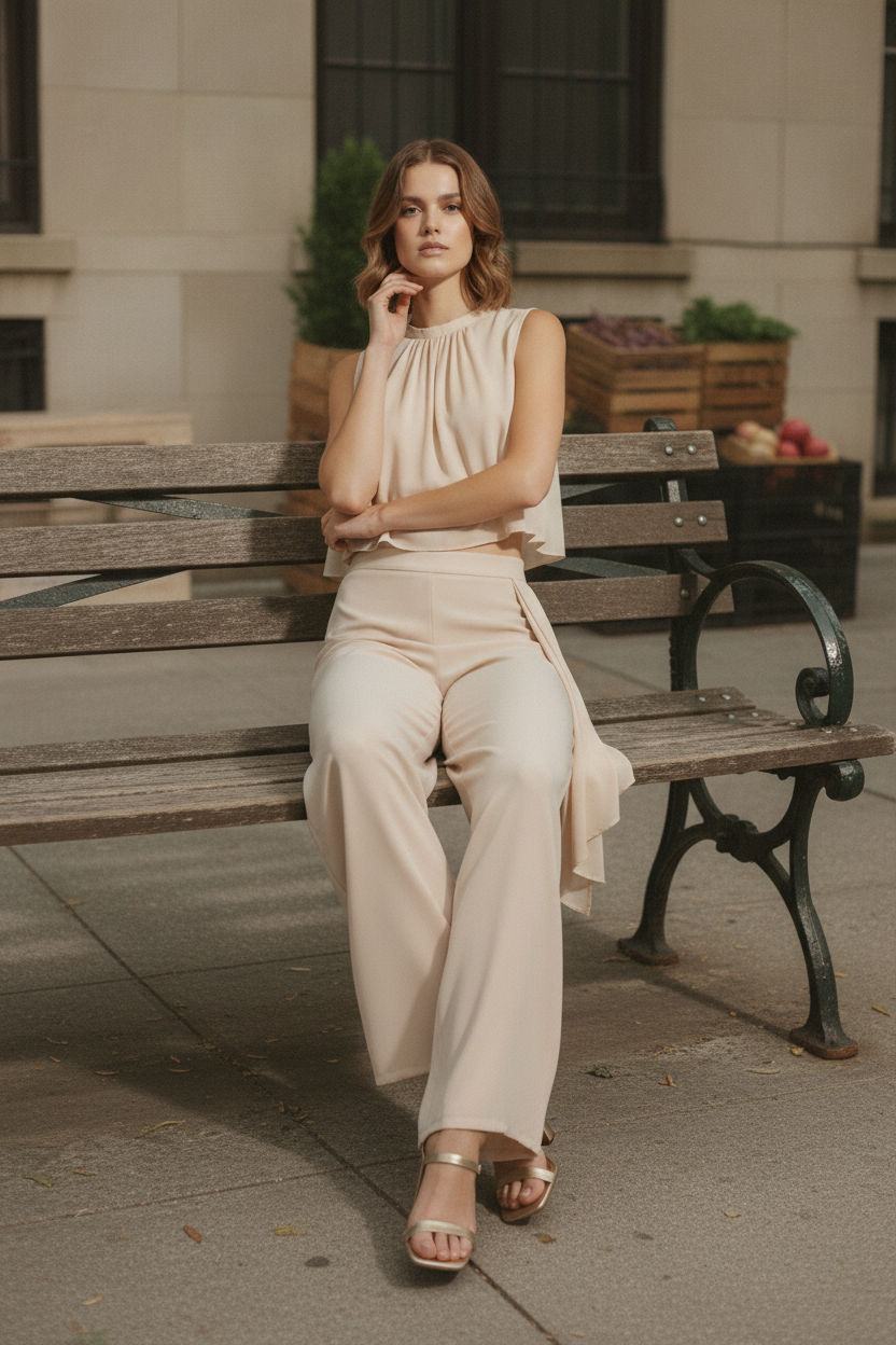Evelyn Side Ruffle Wide Leg Trousers - Taupe