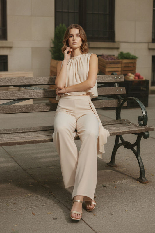 Evelyn Side Ruffle Wide Leg Trousers - Taupe