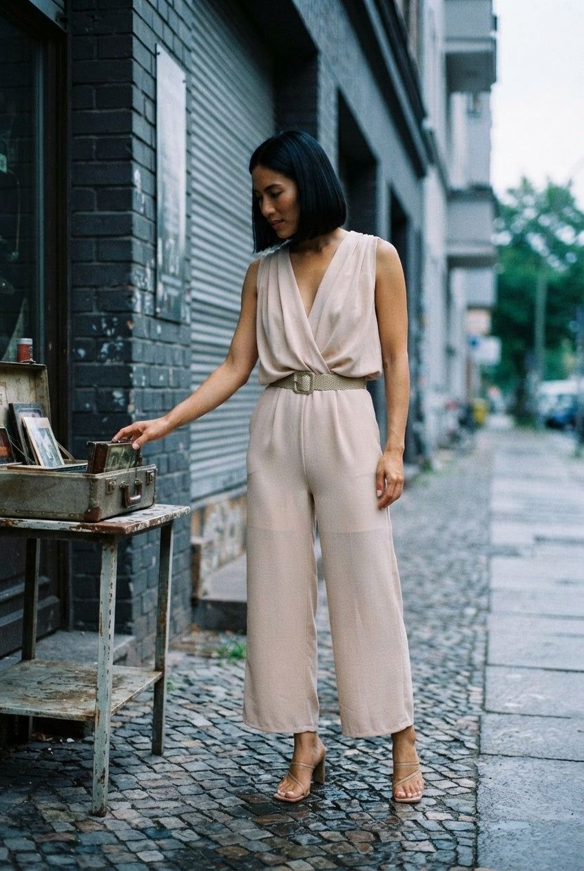 Miranda Beige Jumpsuit with Belt