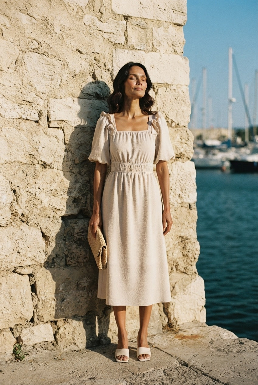 Eva Beige Dress with Puff Sleeves