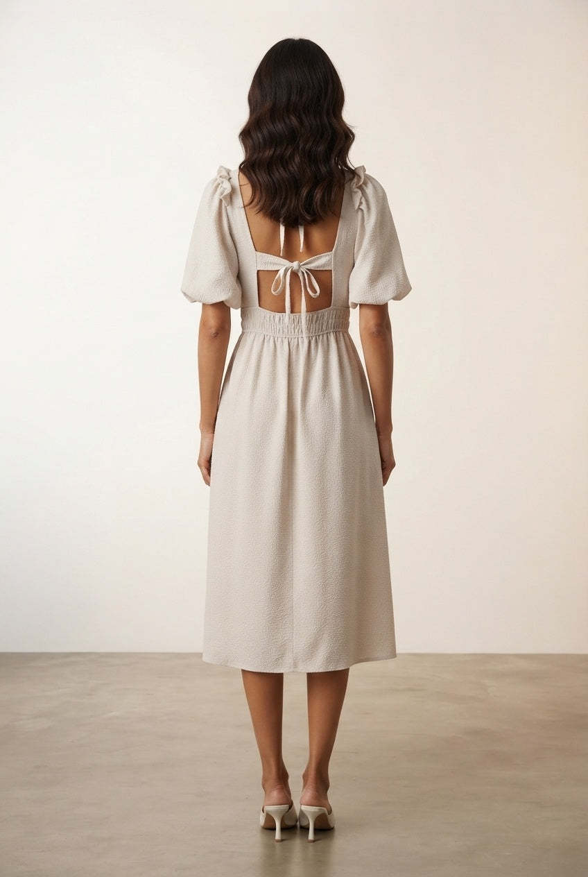 Eva Beige Dress with Puff Sleeves
