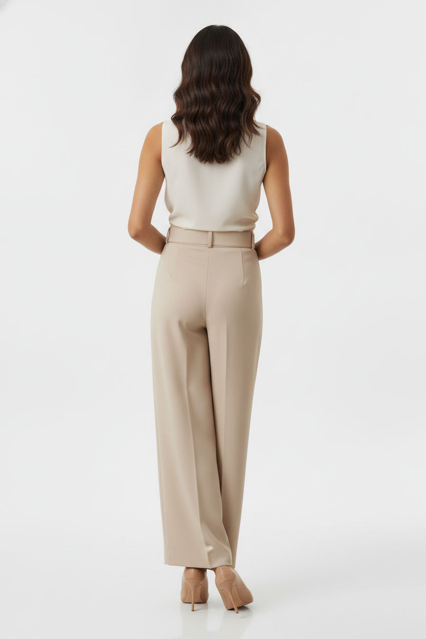 Bella Satin Wide Legs Belted Trousers - Beige