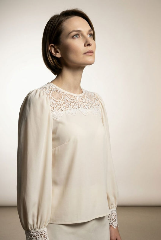 Leona Blouse with Embroidered Details - Beige