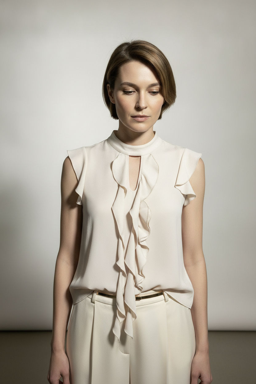 Suzan High Neck and Ruffle Detailed Top - Beige