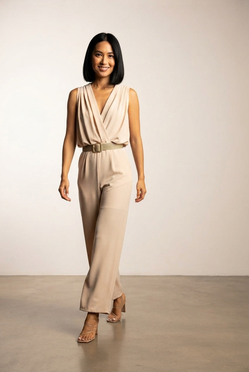 Miranda Beige Jumpsuit with Belt