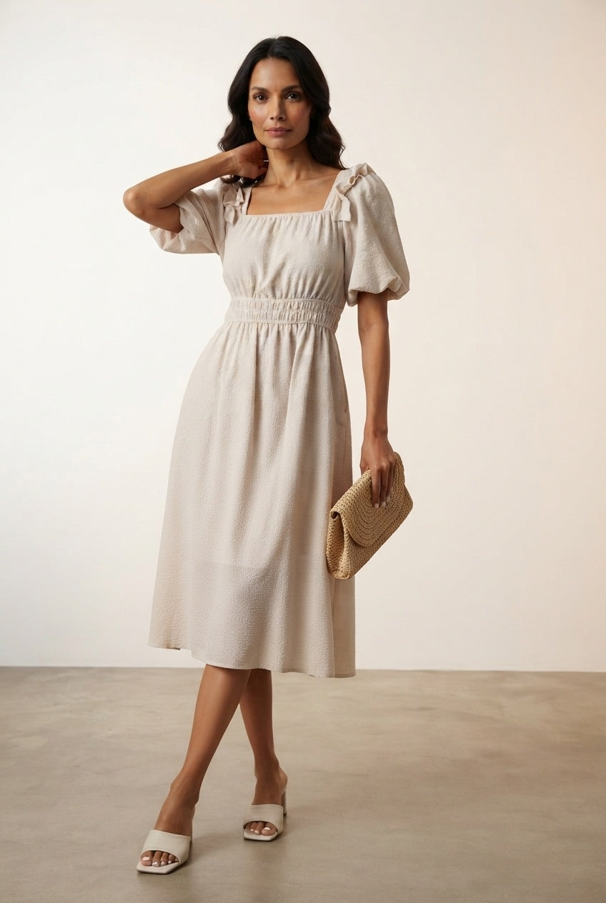Eva Beige Dress with Puff Sleeves