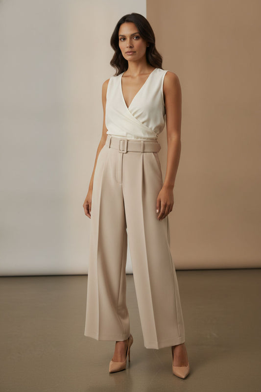 Bella Satin Wide Legs Belted Trousers - Beige