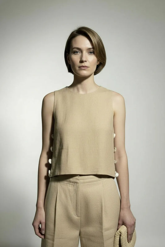 Alice Side Slit Top With Stones Pattern - Taupe