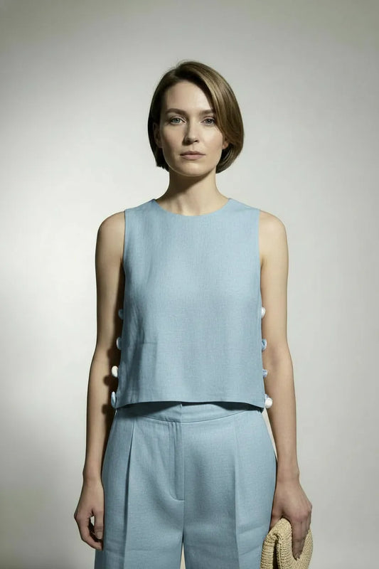 Alice Side Slit Top With Stones Pattern - Light Blue