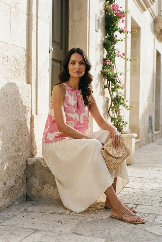 Pauline Floral Necklace Top - Pink