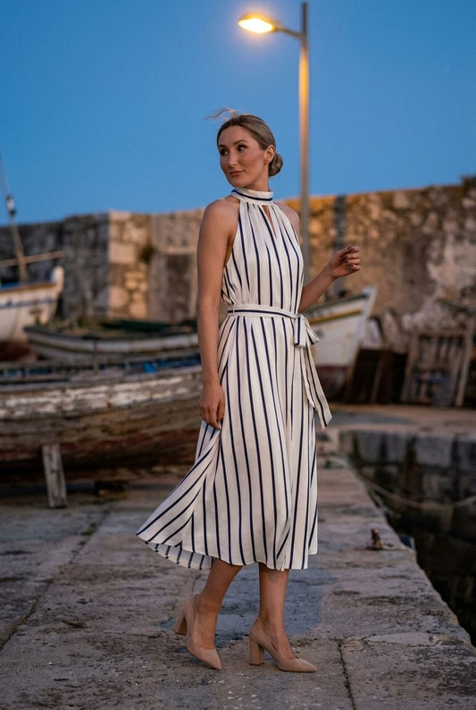 Siobhan Satin Striped Tent Dress - Navy and White