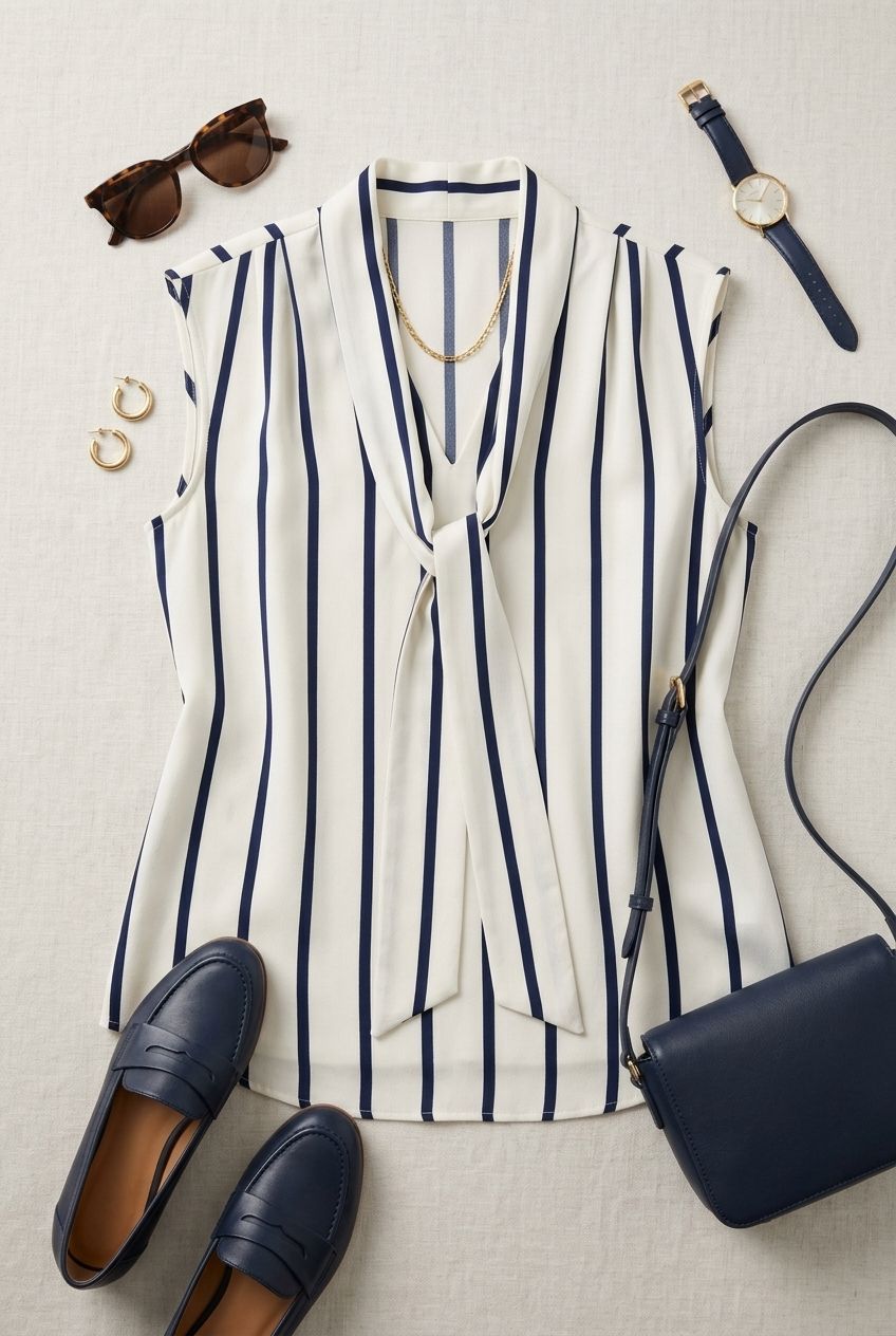 Margaret Striped Satin Top - Navy and Beige