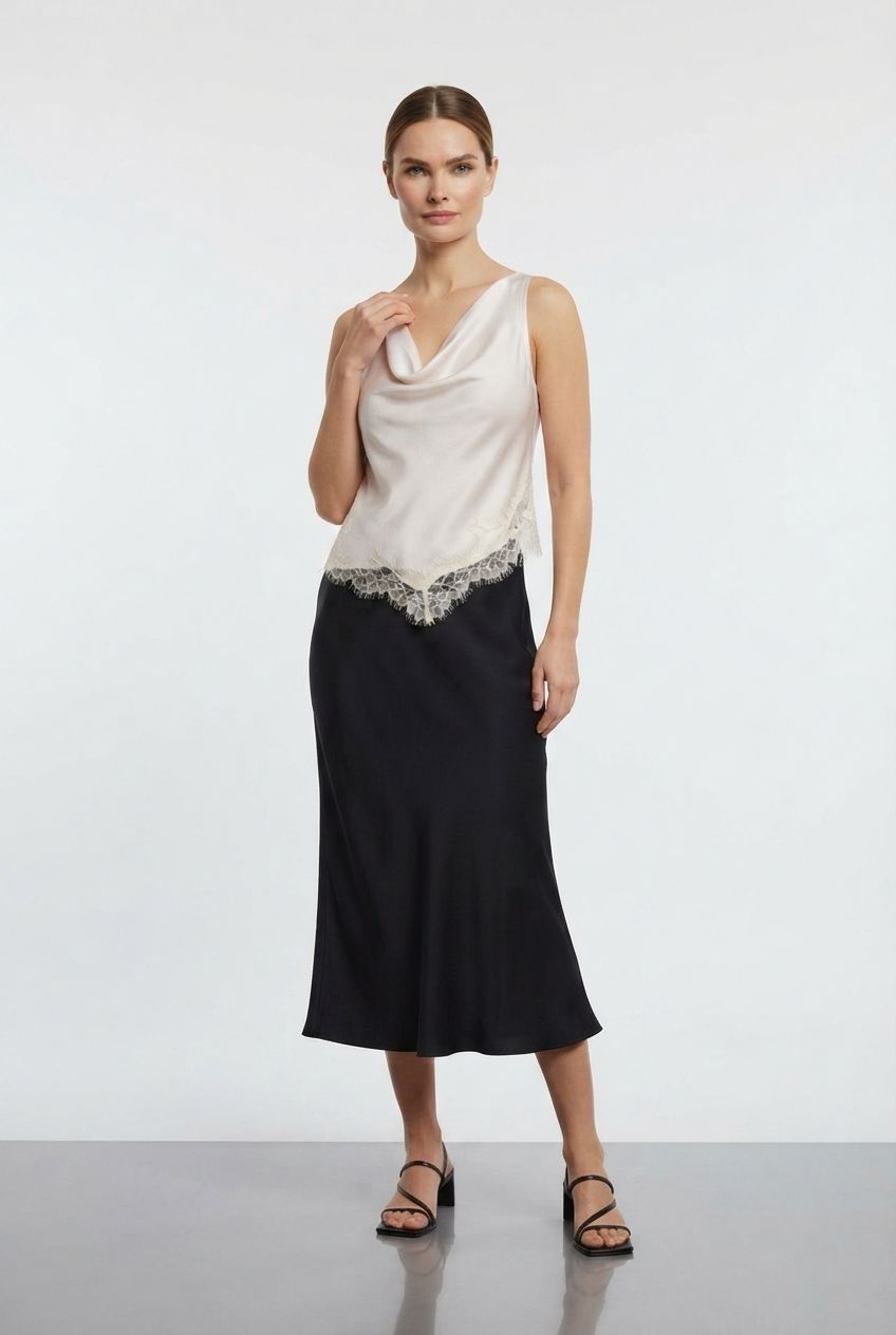 Catherine Satin Top with Crawl Neck and Lace Details - Beige