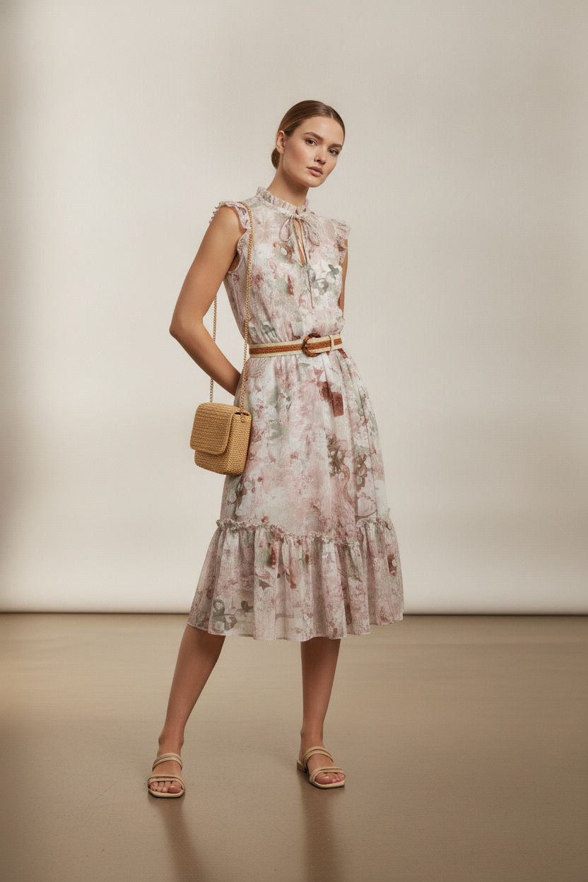 Ross Sleeveless Floral Dress - Beige