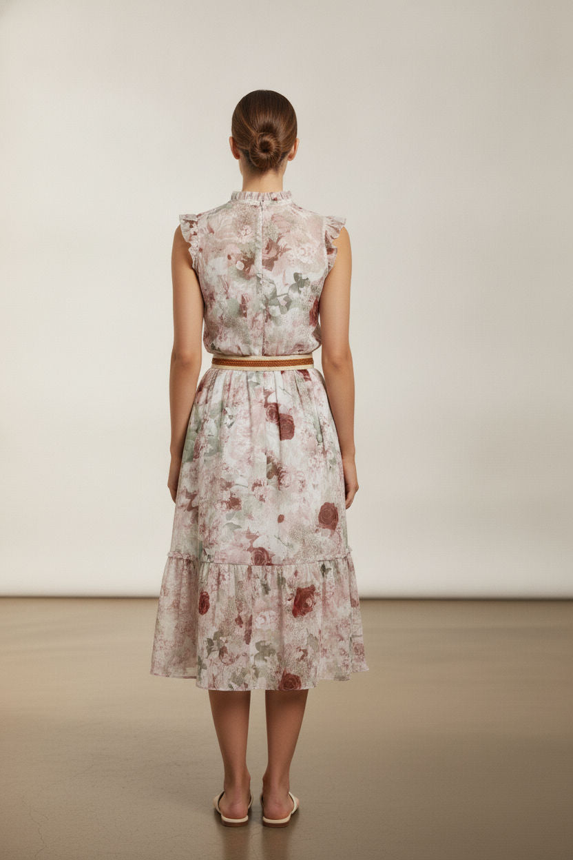 Ross Sleeveless Floral Dress - Beige