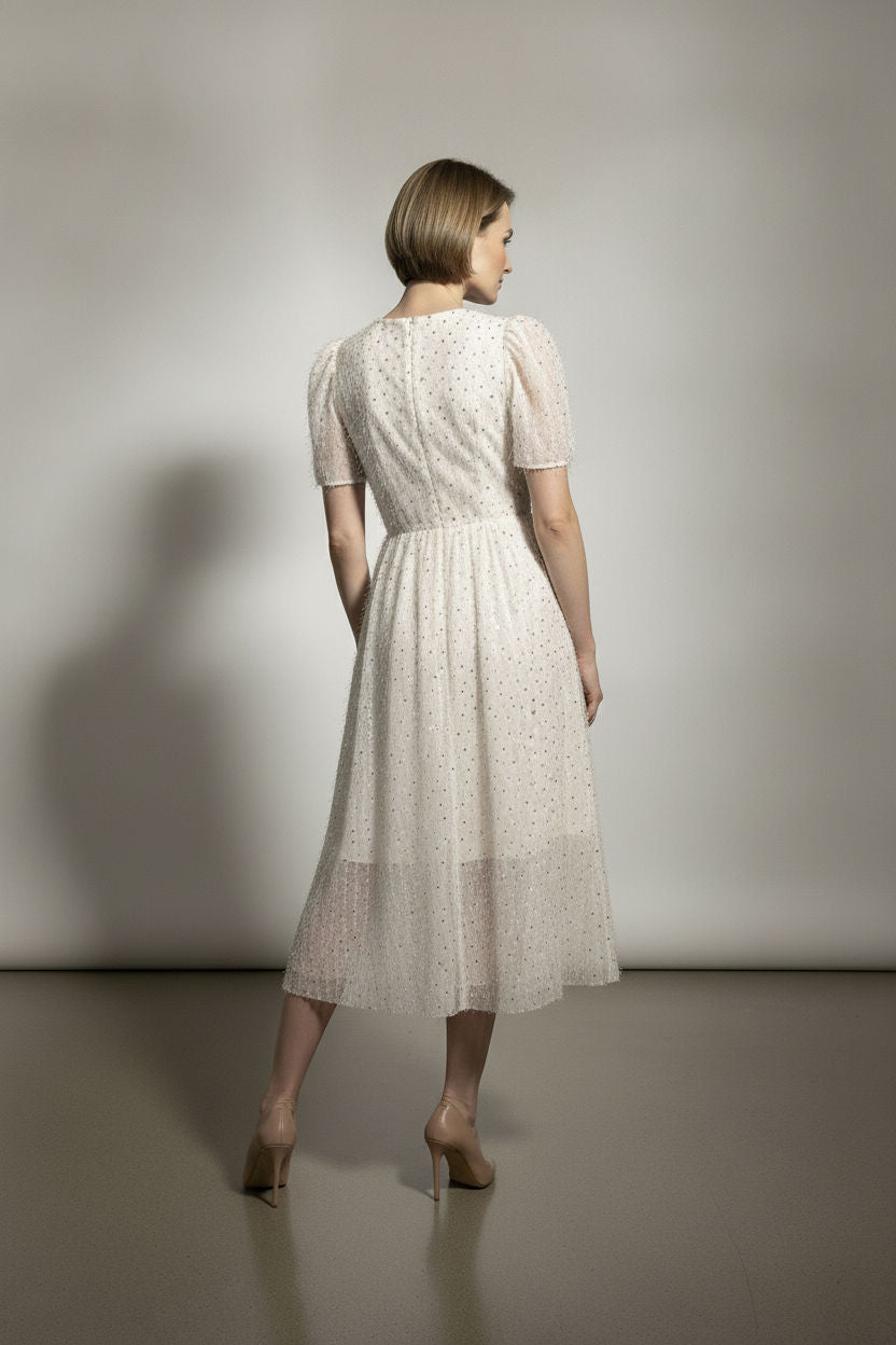 Cross Over Top with Short Sleeves Midi Sequin Dress - Beige