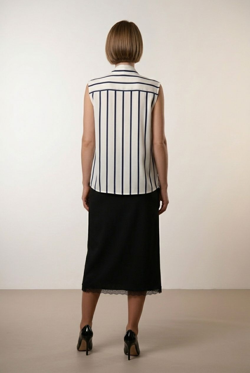 Margaret Striped Satin Top - Navy and Beige