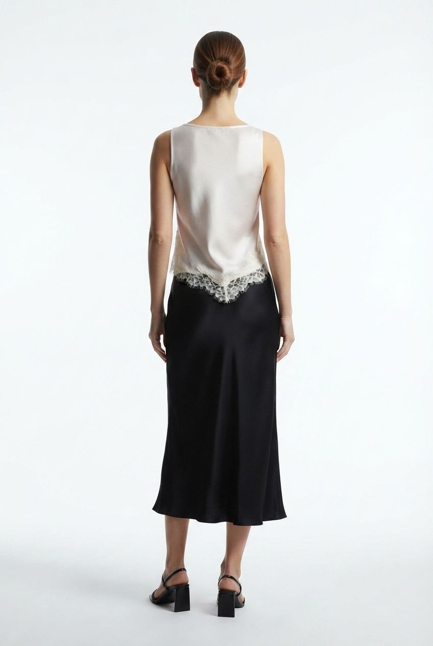 Catherine Satin Top with Crawl Neck and Lace Details - Beige