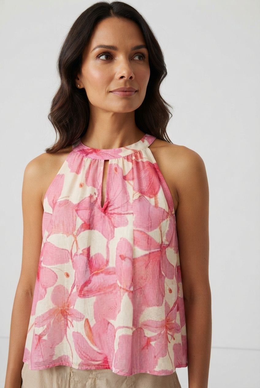 Pauline Floral Necklace Top - Pink