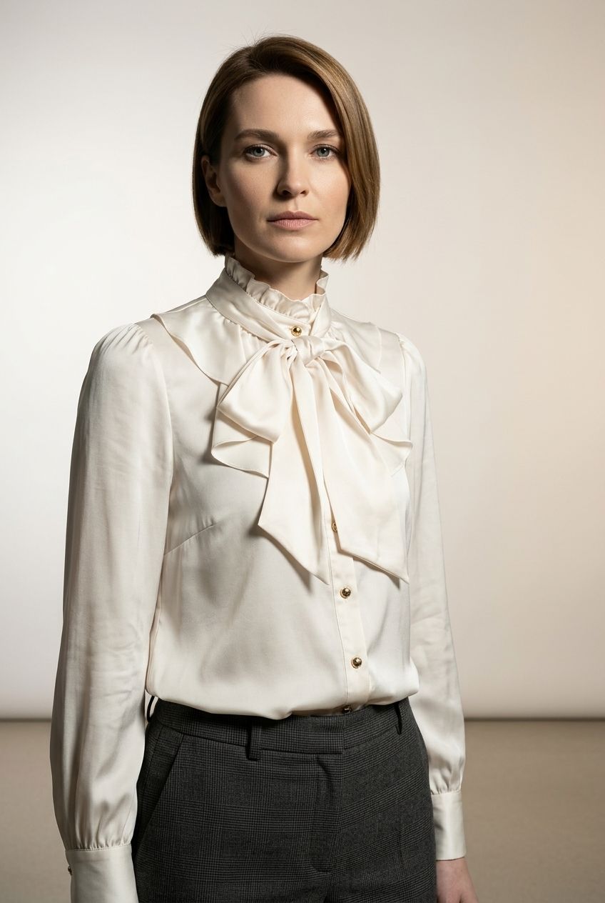 Norah Satin Shirt with Bow Tie - Light Beige
