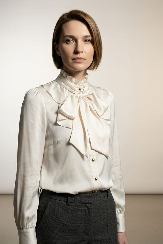 Norah Satin Shirt with Bow Tie - Light Beige