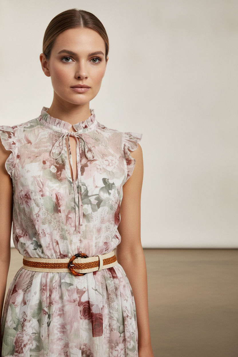 Ross Sleeveless Floral Dress - Beige