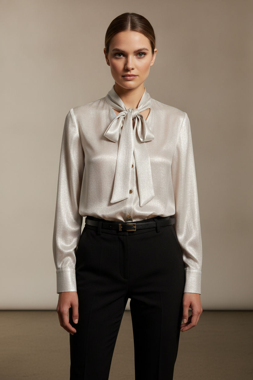 Lorna Bowknot Metallic Shirt - Beige