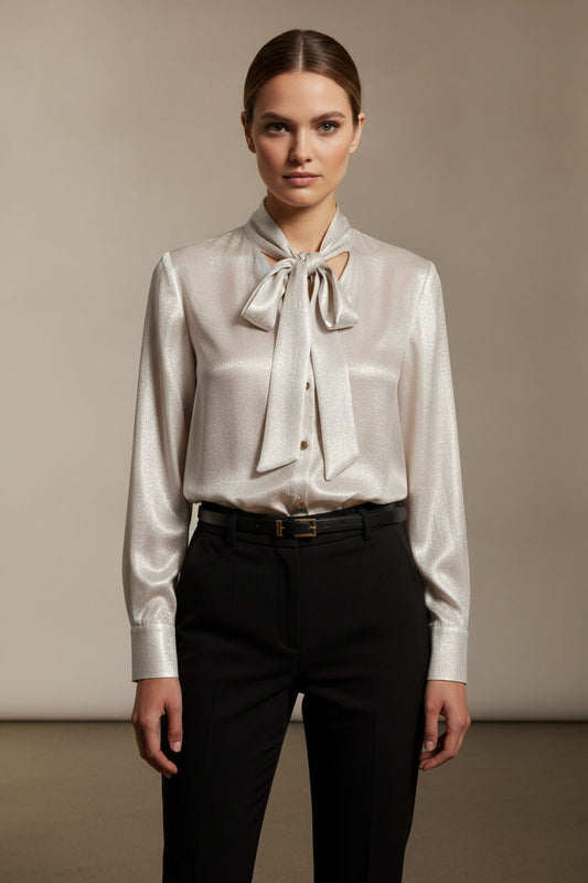 Lorna Bowknot Metallic Shirt - Beige