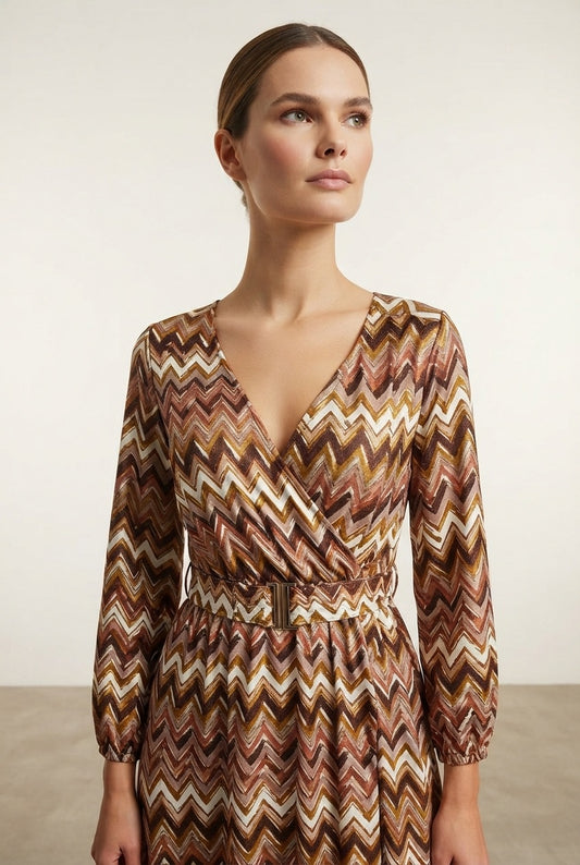 Geo Printed Dress With Belt - Brown