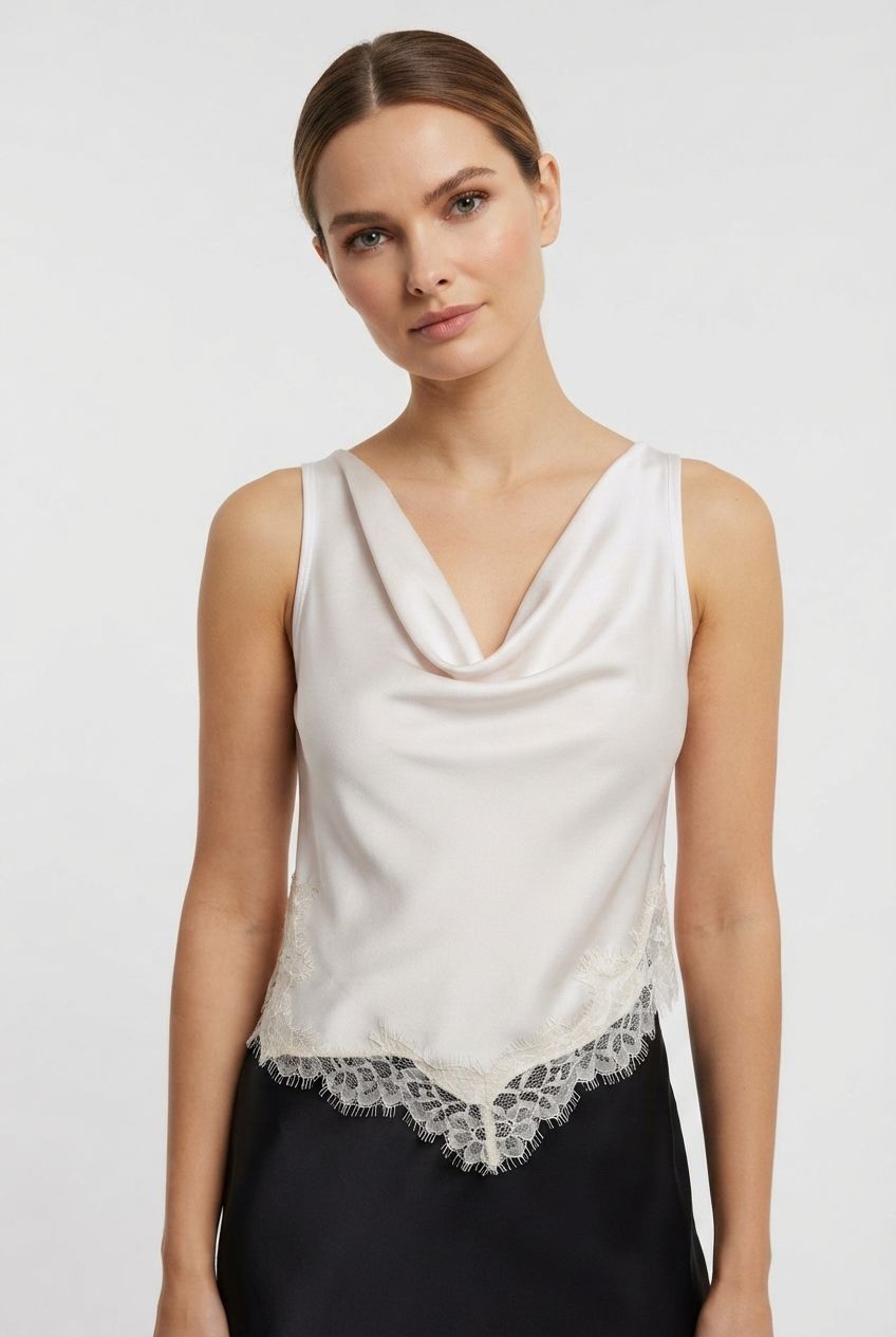 Catherine Satin Top with Crawl Neck and Lace Details - Beige