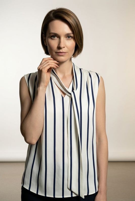 Margaret Striped Satin Top - Navy and Beige