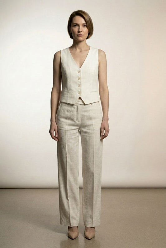 Daisy Tailored Check Wide Leg Trousers - Beige
