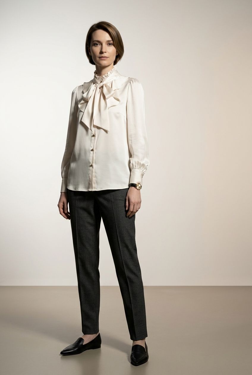 Norah Satin Shirt with Bow Tie - Light Beige