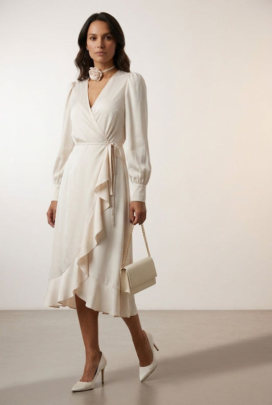 Fiona Flower Necklace Wrap Dress - Beige