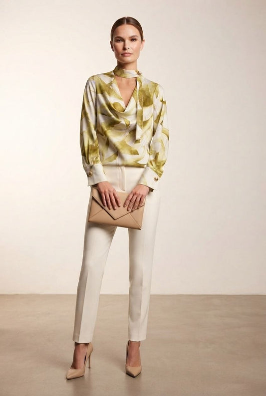 Arlene Elegant Choker Cowl Neck Puffy Sleeve Blouse - Lime Green