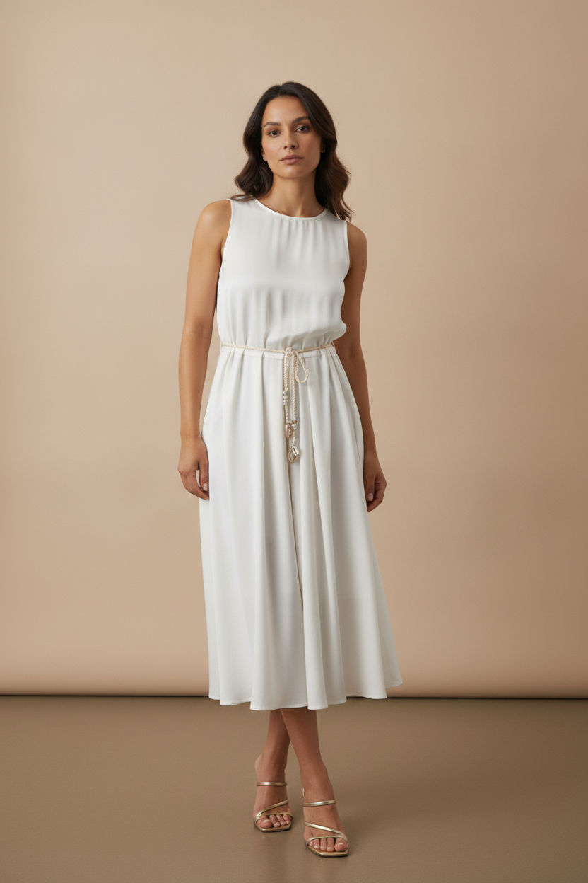 Sheila Rope Belt Midi Dress - White