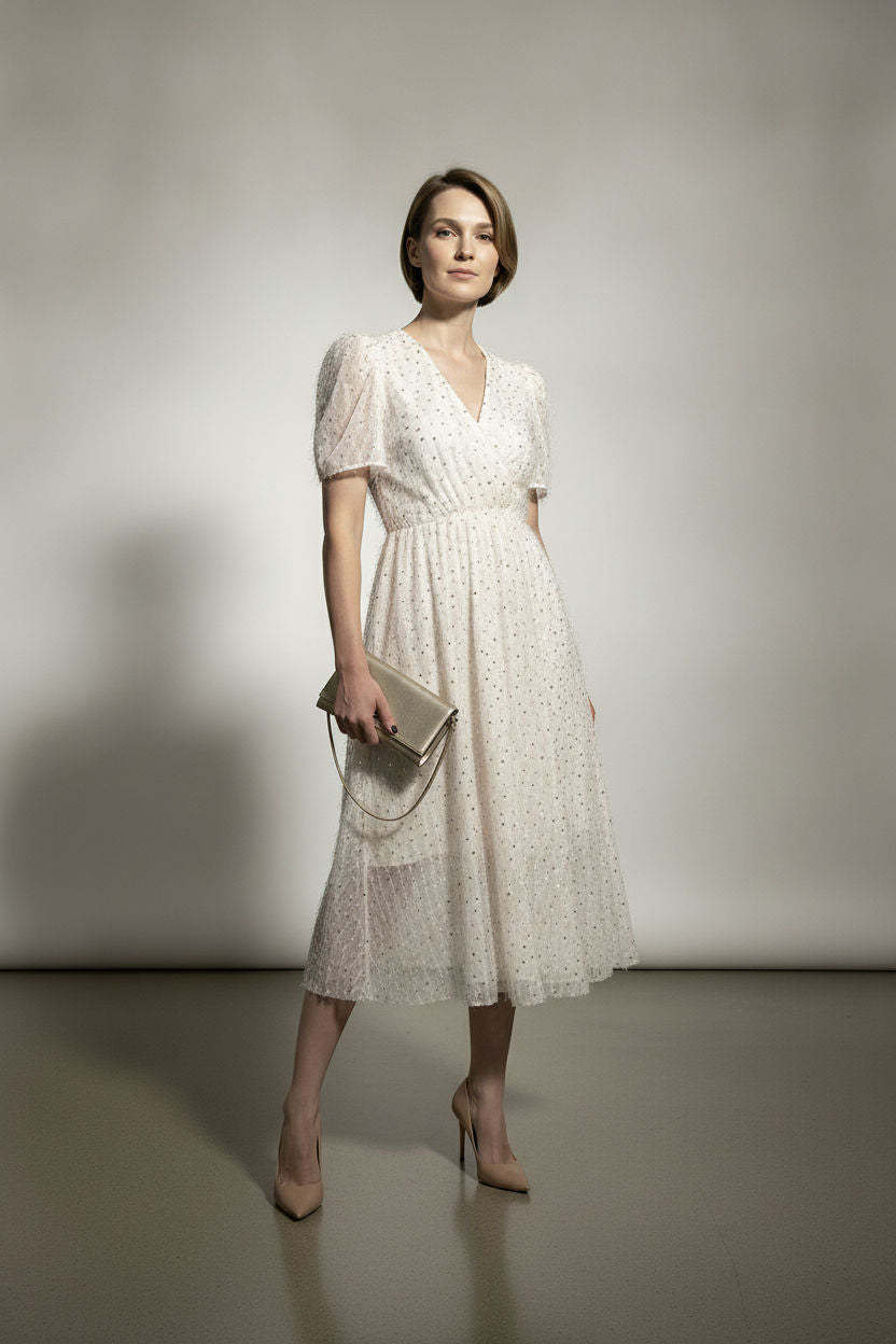 Cross Over Top with Short Sleeves Midi Sequin Dress - Beige