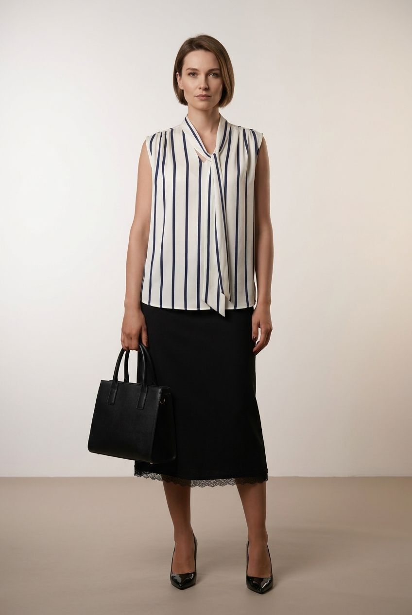 Margaret Striped Satin Top - Navy and Beige