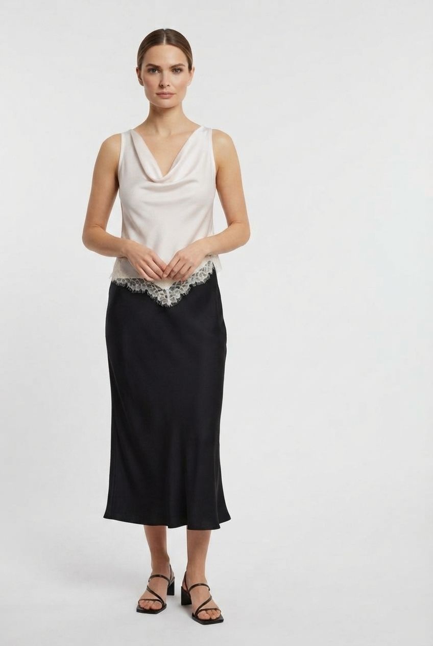 Catherine Satin Top with Crawl Neck and Lace Details - Beige