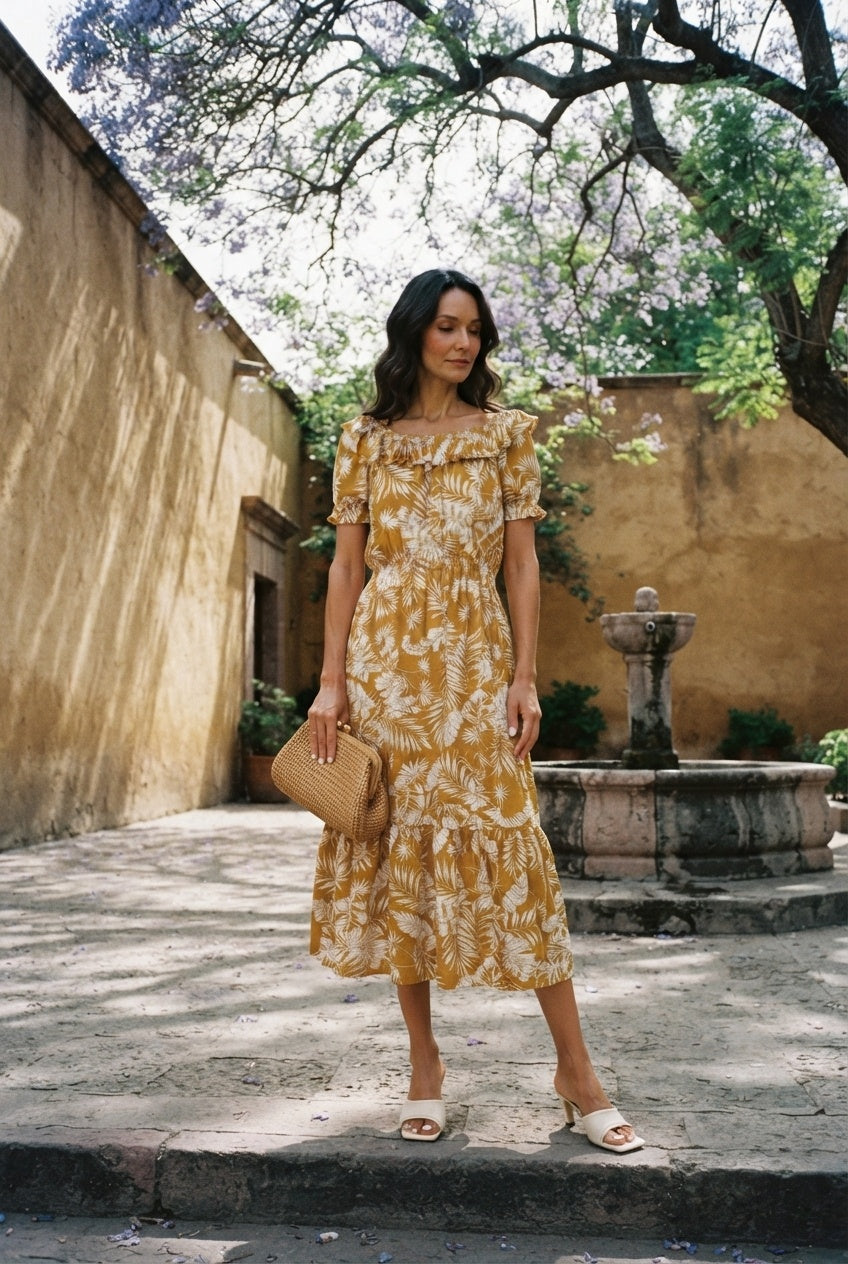 Karina Printed Dress - Mustard