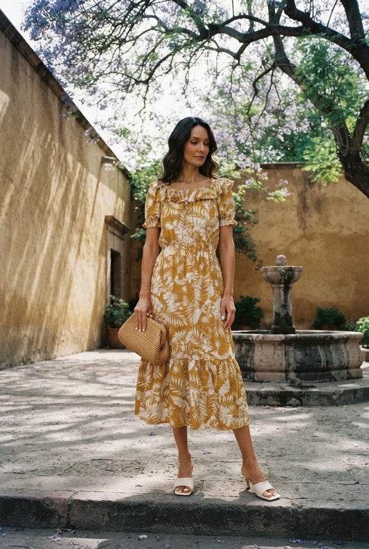 Karina Printed Dress - Mustard