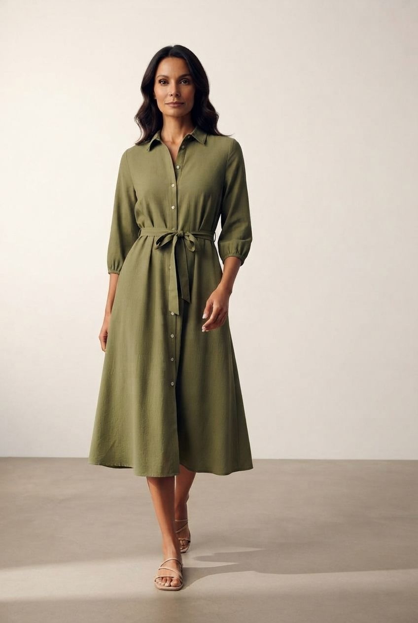 Anne Belted Shirt Dress - Khaki